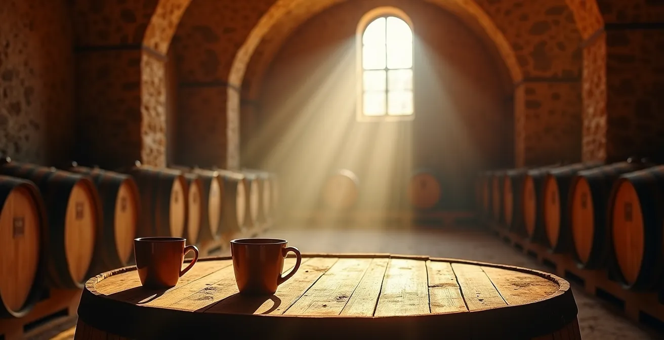 Rustikale spanische Bodega mit traditionellen Weinfässern und einladender Atmosphäre