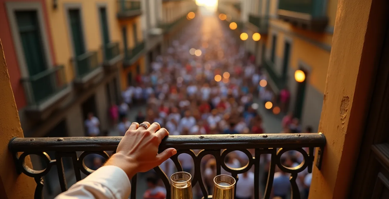 Blick von einem traditionellen spanischen Balkon auf eine Osterprozession in Málaga