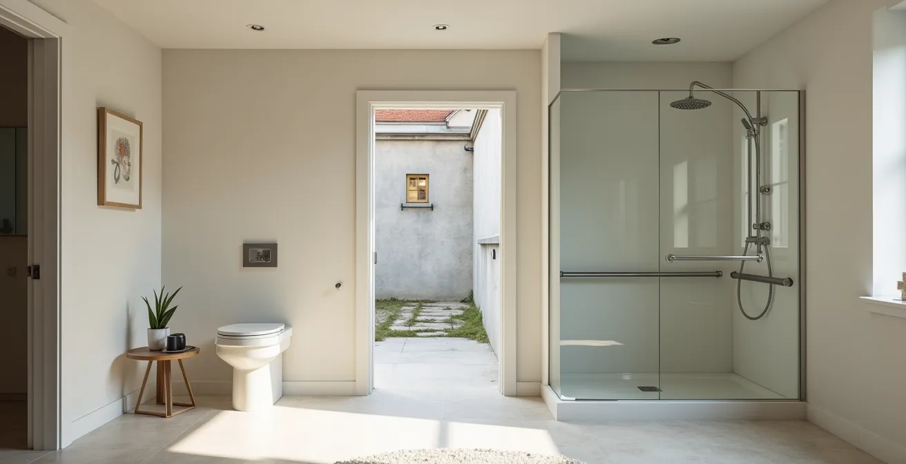 Kontrast zwischen modernem barrierefreien Bad und historischem Hotelbadezimmer