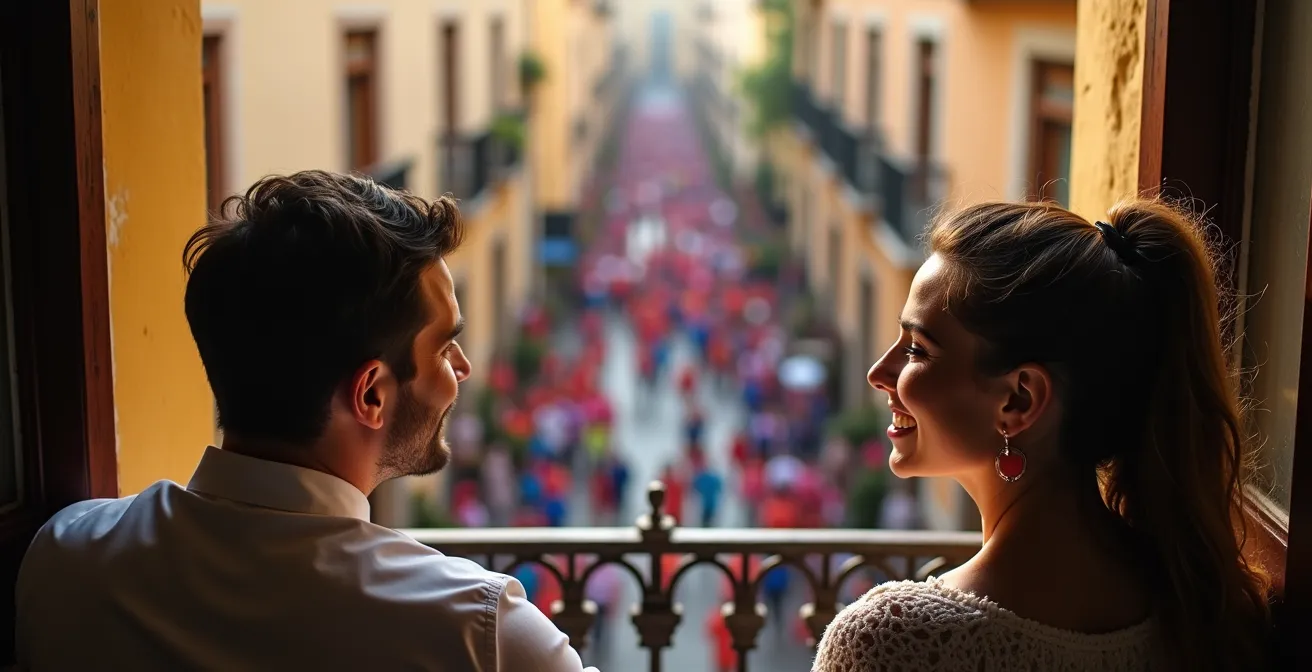 Blick von einem sicheren Balkon auf ein spanisches Strassenfest mit bunten Figuren
