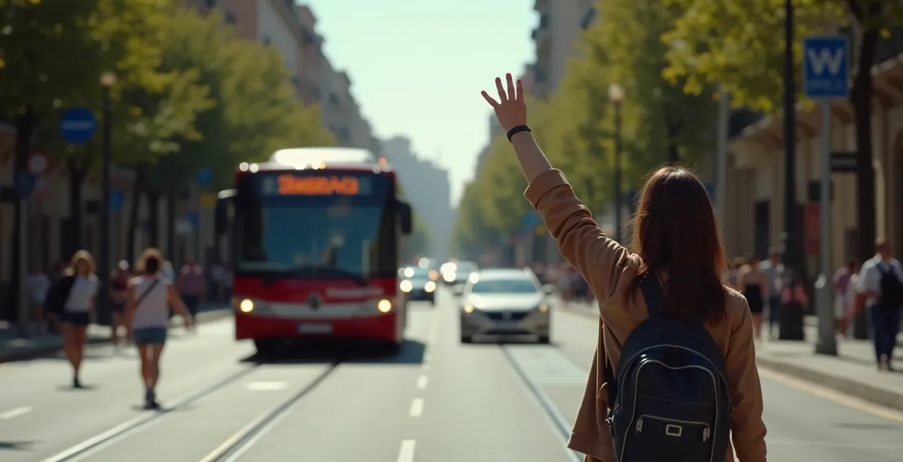 Tourist gibt Handzeichen an heranfahrenden Bus in Barcelona
