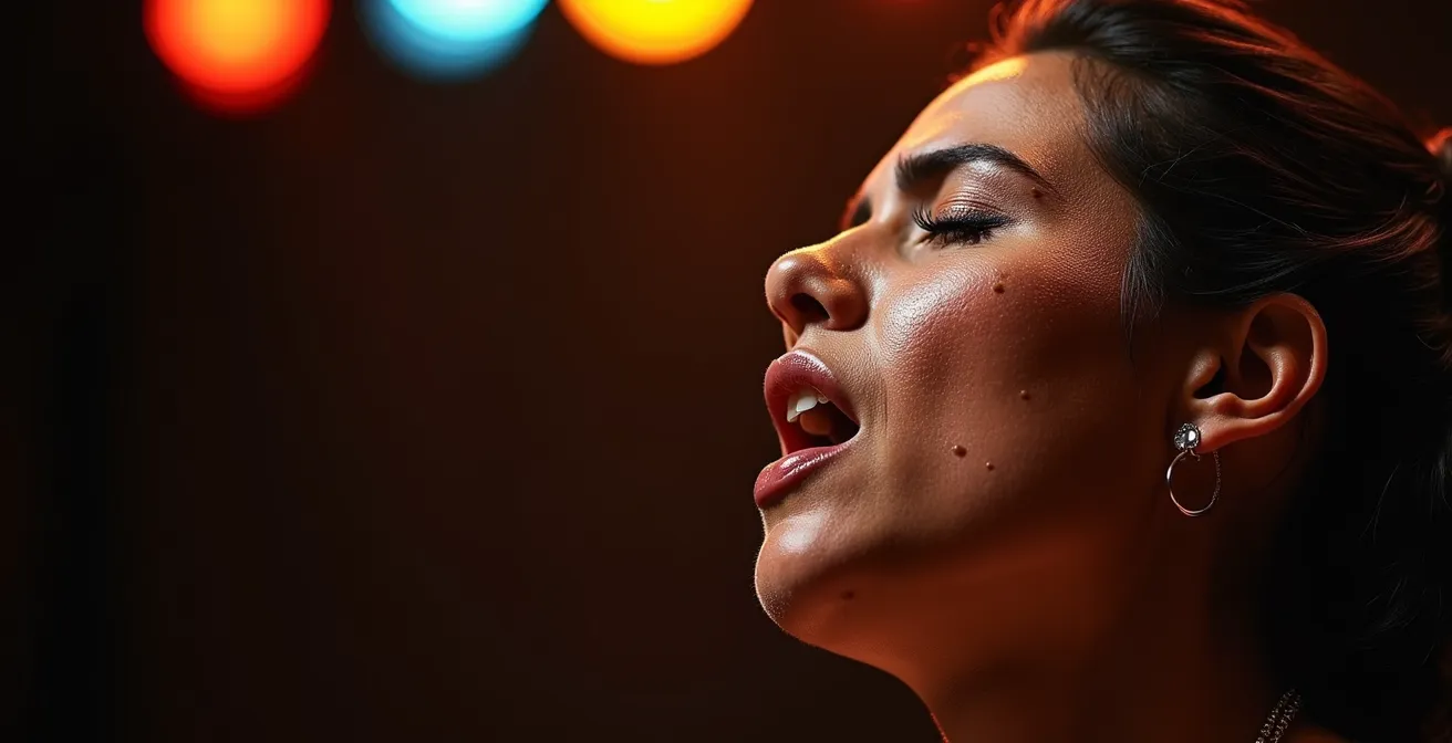 Emotionaler Cante Jondo Sänger in intensivem Moment während einer Madrider Flamenco-Aufführung