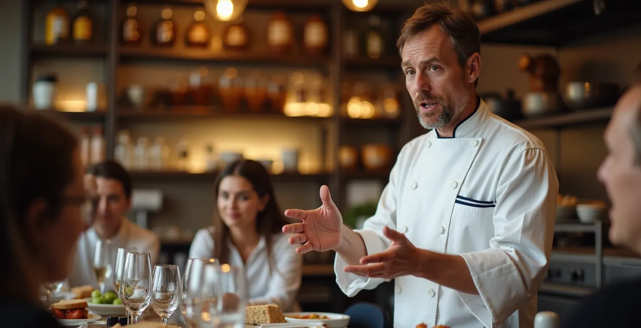 Ein Küchenchef bespricht in freundlicher Atmosphäre Menüanpassungen direkt mit seinen Gästen am Tisch.