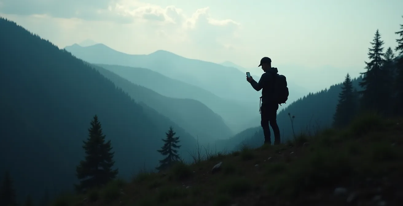 Wanderer nutzt Offline-Karten-App in deutschem Mittelgebirge ohne Mobilfunkempfang