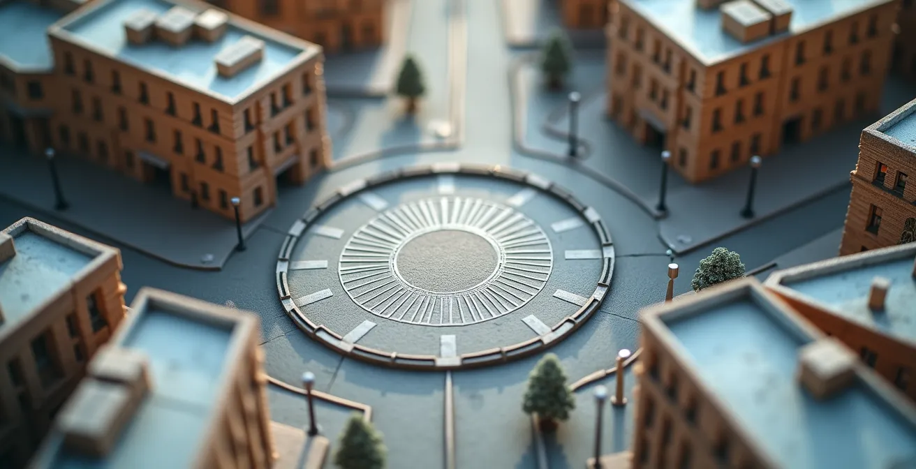 Luftaufnahme einer typischen achteckigen Kreuzung im Eixample-Viertel mit Fussgängern und Bus