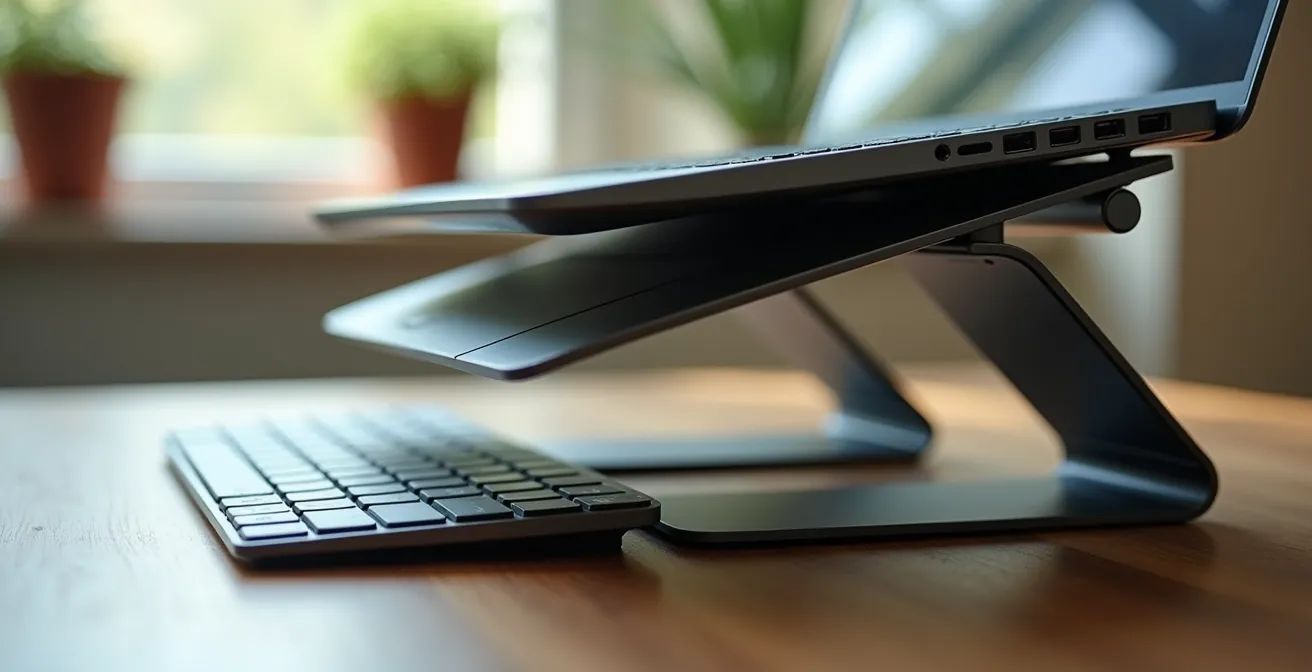 Ergonomisch eingerichteter Arbeitsplatz mit Laptop-Ständer und externer Tastatur