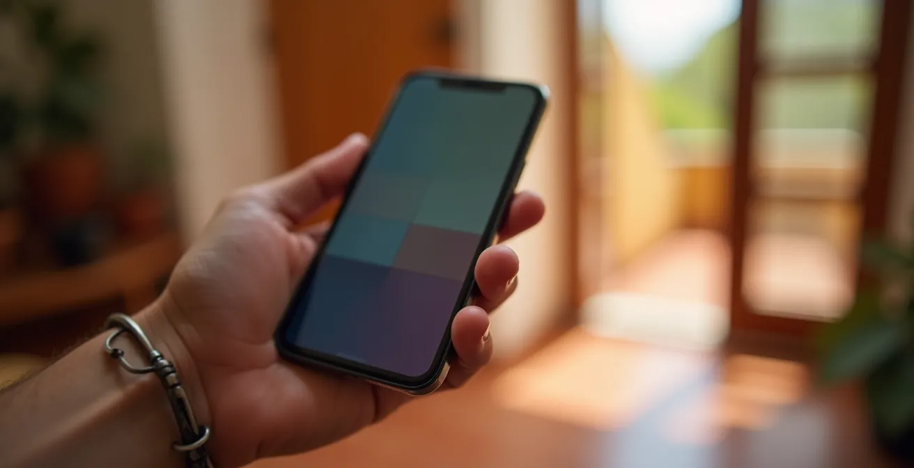 Hand hält Smartphone mit unscharfer Verifizierungs-App im mediterranen Ambiente