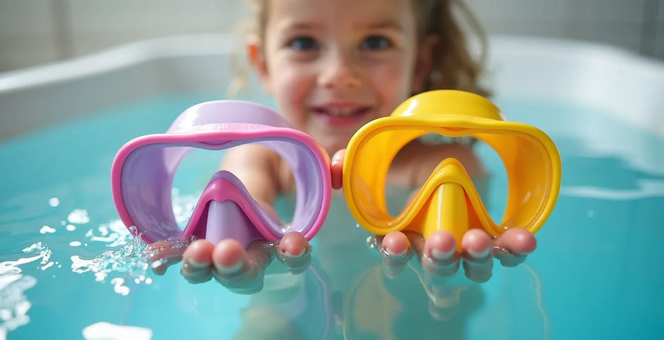 Kinder probieren Schnorchelmasken spielerisch in der Badewanne aus