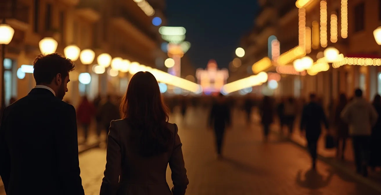 Alternative Transportmöglichkeiten nach der Feria bei Nacht, mit Paaren, die erfolgreich ein Taxi herbeiwinken.