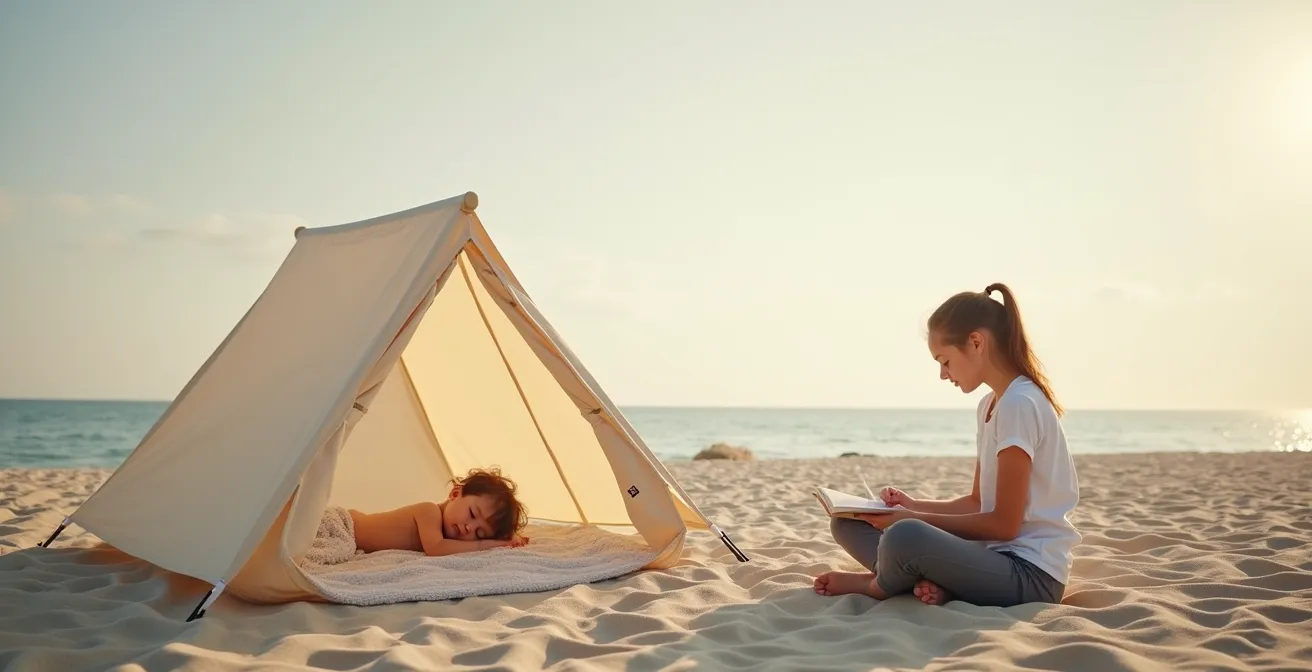 Strandmuschel mit schlafendem Kleinkind und lesendem Teenager in friedlicher Atmosphäre