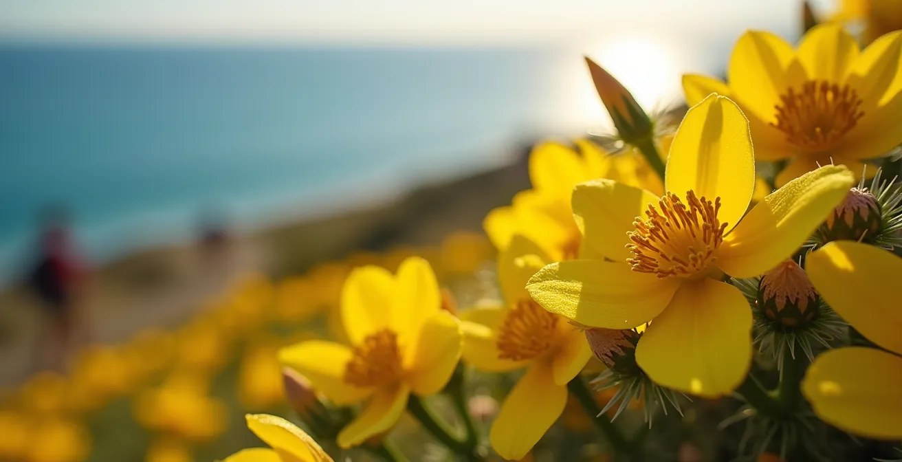 Gelb blühender Ginster entlang des Küstenwanderwegs im Mai bei goldenem Licht