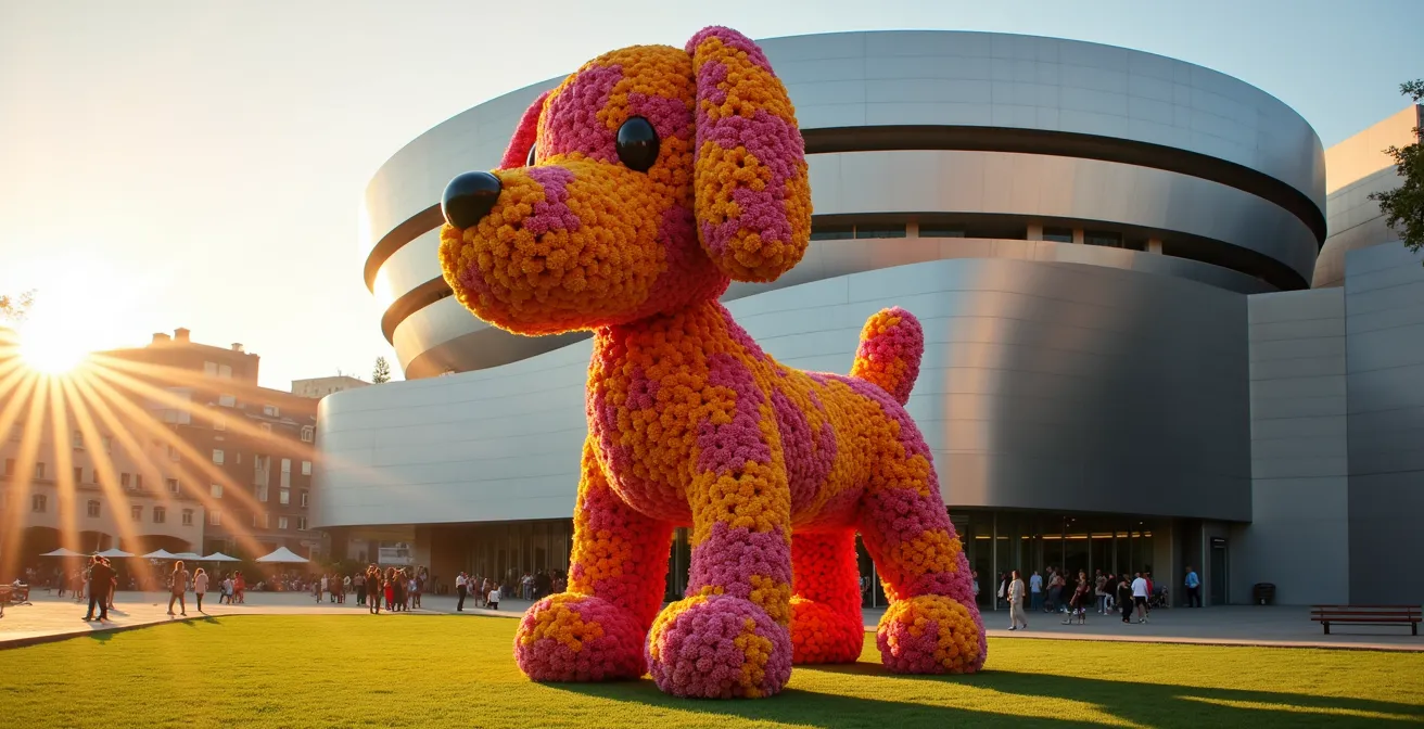 Guggenheim Museum mit Puppy-Skulptur im warmen Morgenlicht ohne Menschenmassen