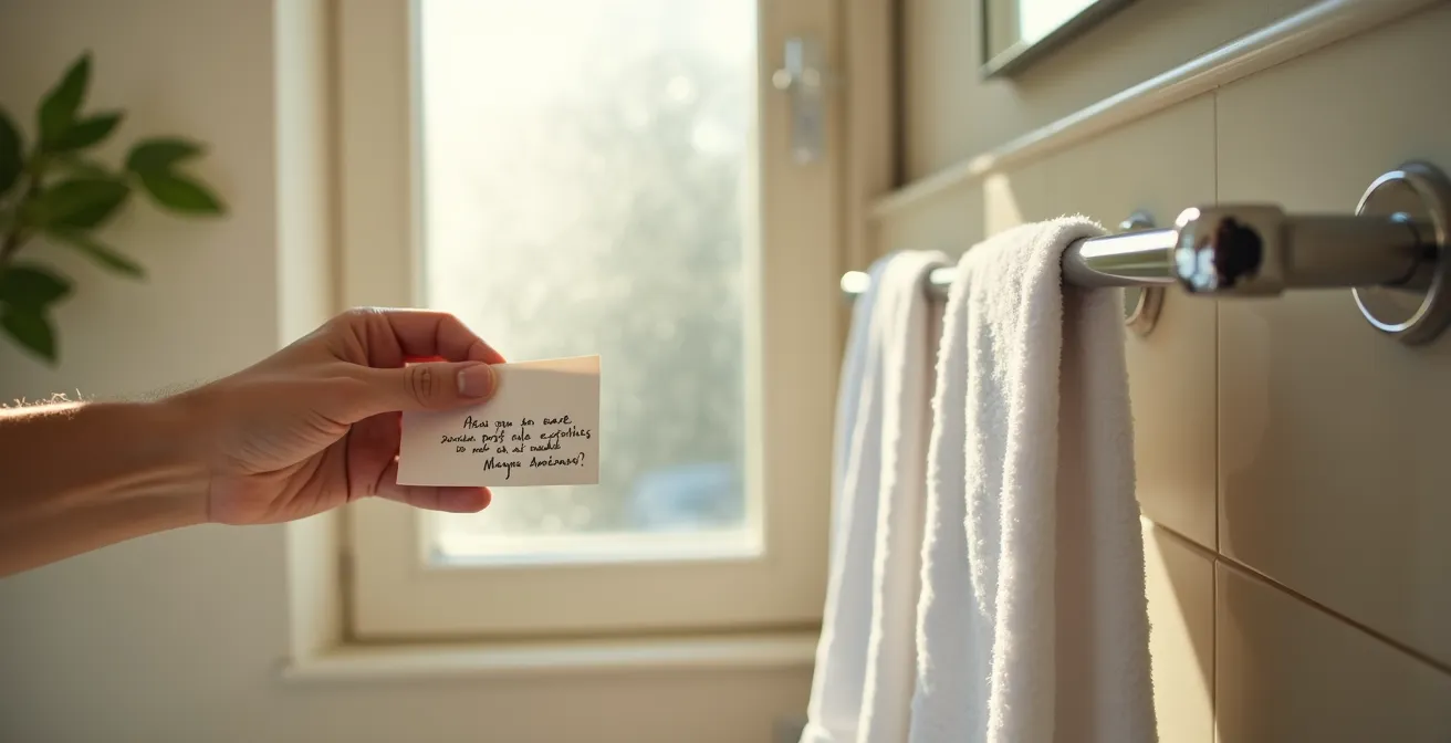 Hotelzimmer mit aufgehängten Handtüchern und handgeschriebenem Zettel zum Wassersparen
