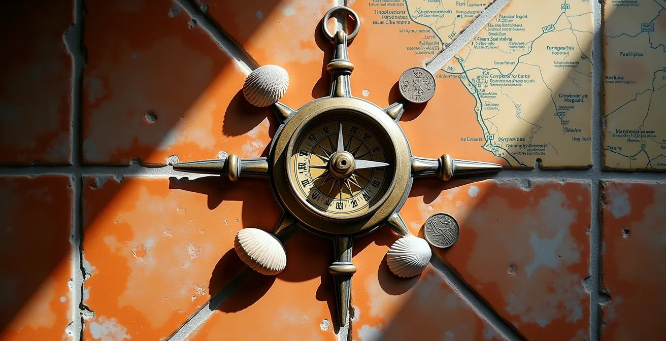 Kartenansicht mit zentralem Küstenort und sternförmigen Verbindungen zu Stränden und Kulturstätten