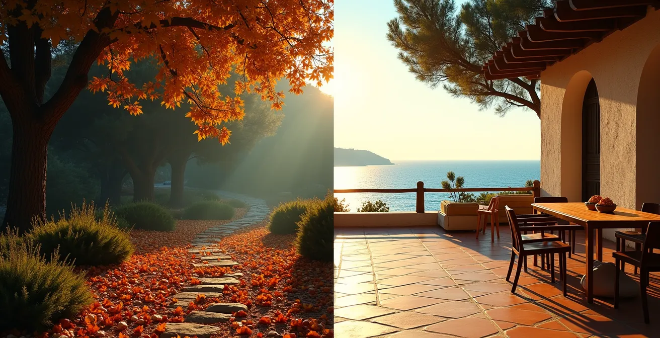 Split-Screen-Komposition zeigt deutschen Herbst und mediterranen Sonnenschein