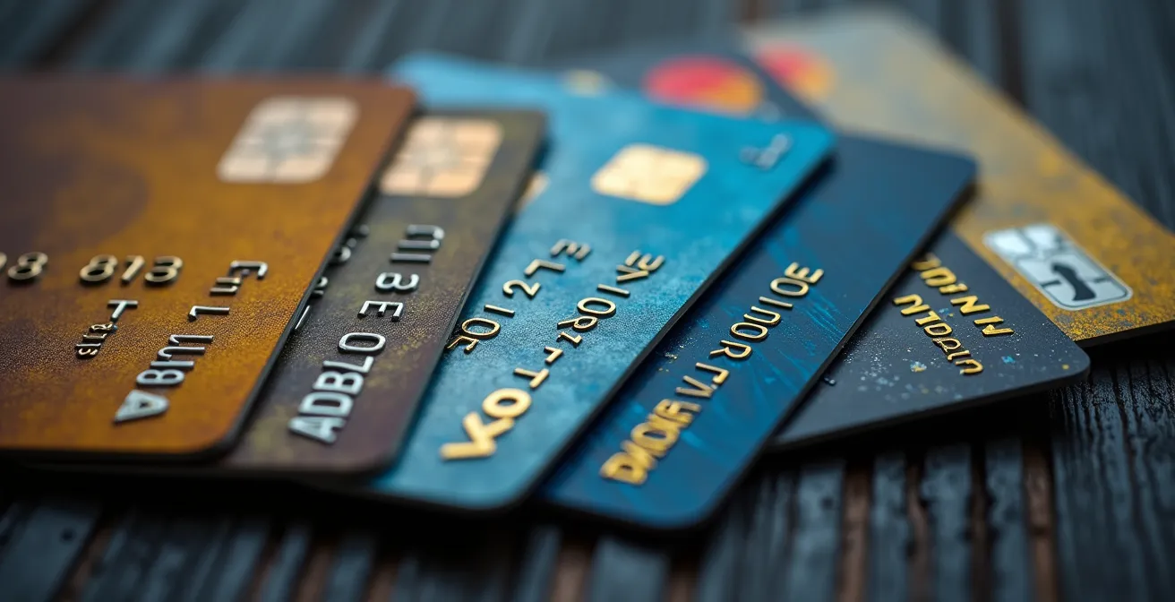 Detailaufnahme verschiedener Kartentypen für Mietwagenkaution, die den Unterschied zwischen geprägten Kreditkarten und flachen Debitkarten zeigt