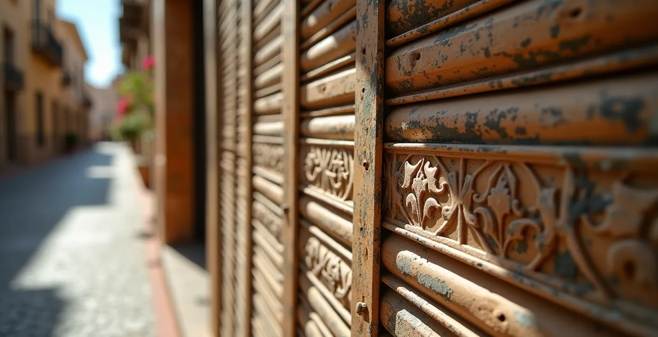 Verlassene spanische Strasse während der Siesta-Zeit mit geschlossenen Läden