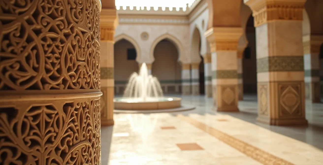 Filigrane maurische Säulen im warmen Nachmittagslicht mit geometrischen Schatten