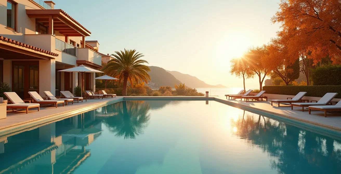 Eleganter Hotelpool im goldenen Herbstlicht ohne Menschenmassen