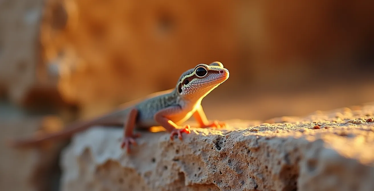 Ein Gecko an einer Steinmauer bei Abenddämmerung, ein nützlicher Helfer im Ökosystem der Finca