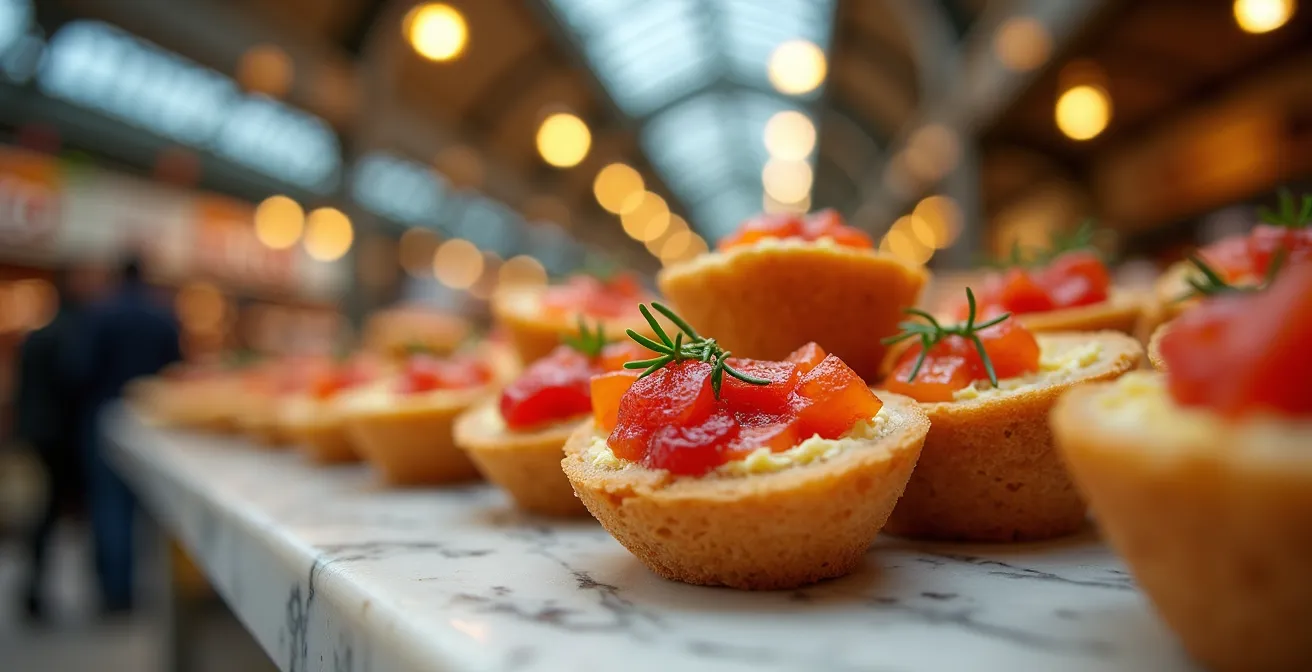 Innenansicht der Art-Déco-Markthalle Mercado de la Ribera mit Gastro-Bars