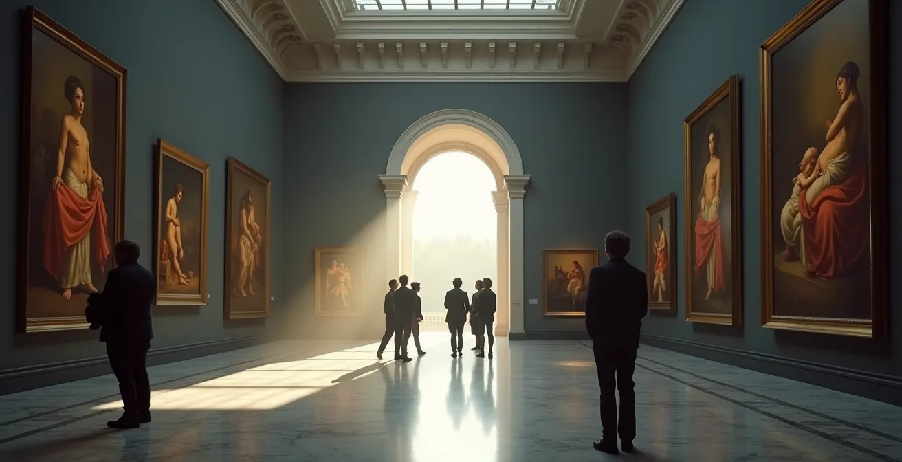 Kühler Museumsraum mit Besuchern vor Gemälden im gedämpften Licht
