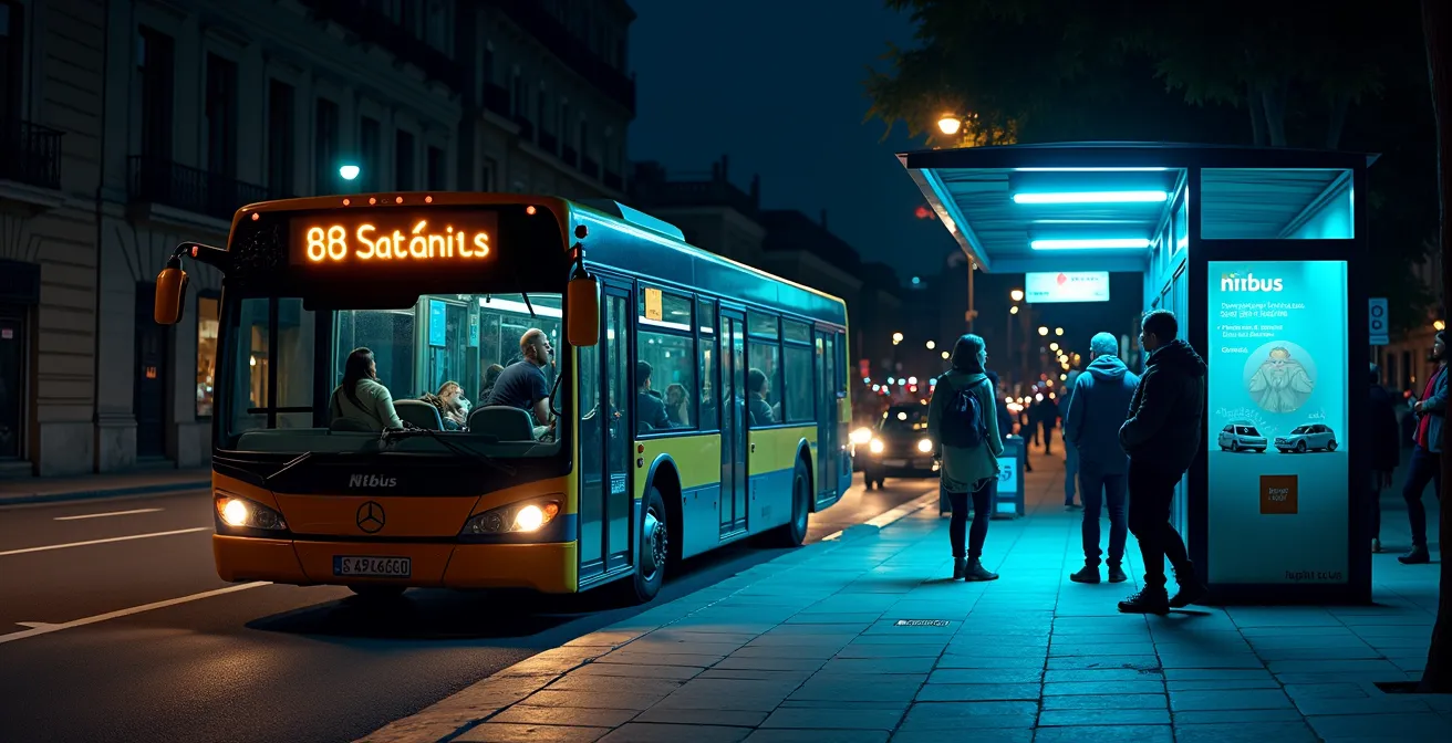 Beleuchteter Nachtbus an Haltestelle mit wartenden Fahrgästen