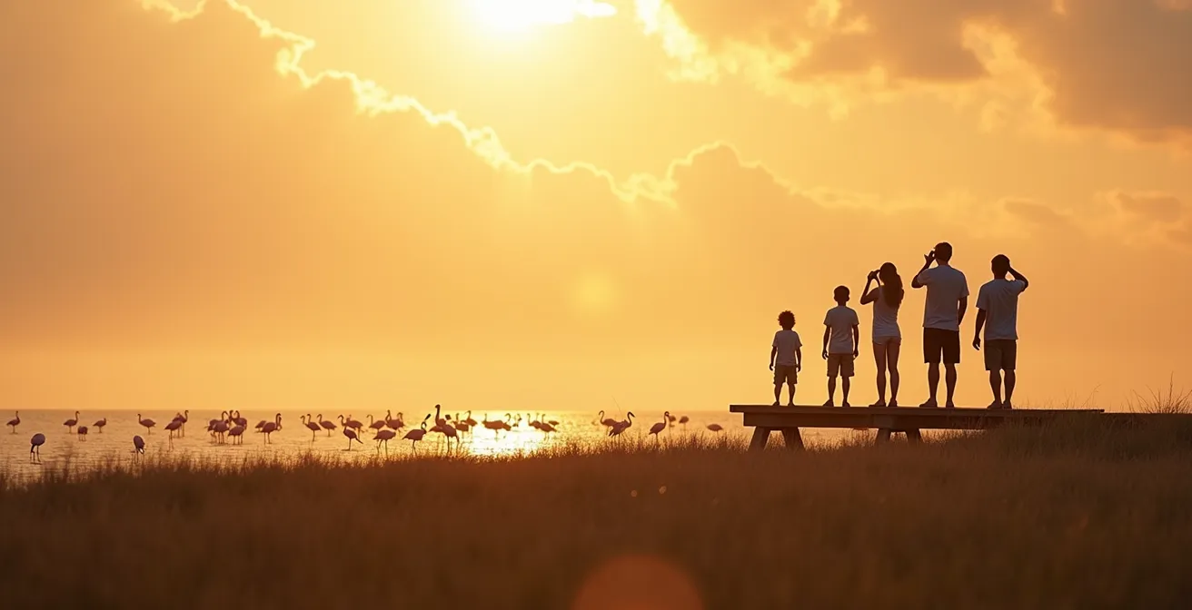 Familie beobachtet gemeinsam Flamingos im Naturpark Delta de l'Ebre