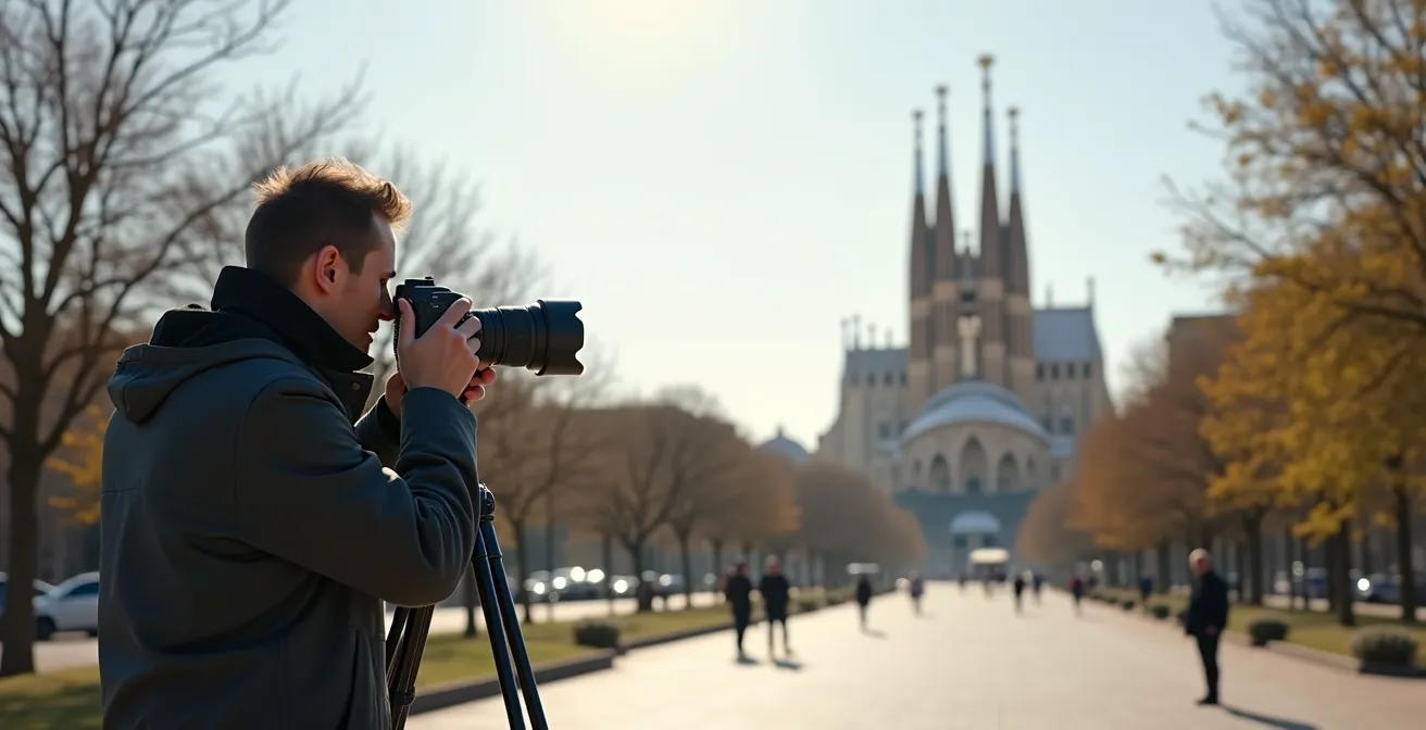 Fotograf mit Teleobjektiv fotografiert Sagrada Família vom Plaça de Gaudí aus der Distanz