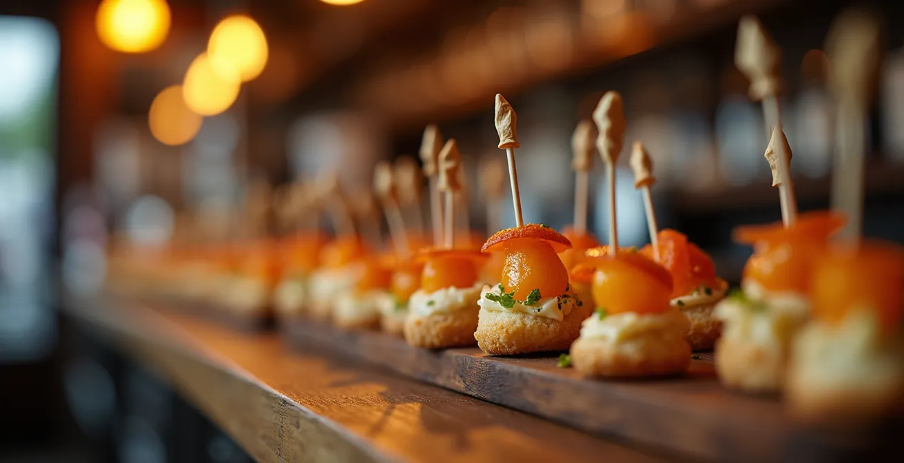 Detailaufnahme einer Pintxos-Bar-Theke mit verschiedenen Spiesschen und Zahnstochern