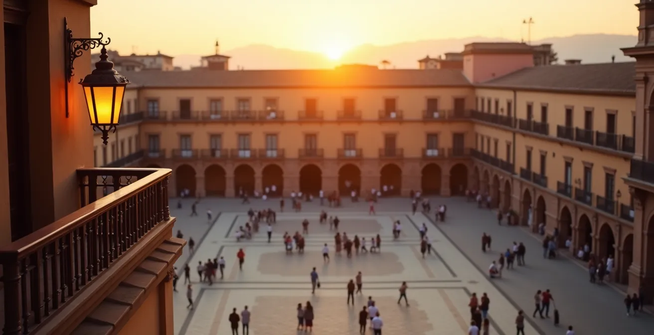 Weitwinkelaufnahme der Plaza Mayor Valencia in der goldenen Stunde mit beleuchteter Architektur