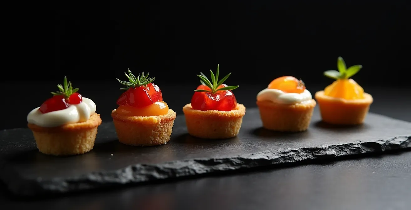 Symbolische Darstellung einer progressiven Pintxos-Auswahl vom leichten zum schweren Gang