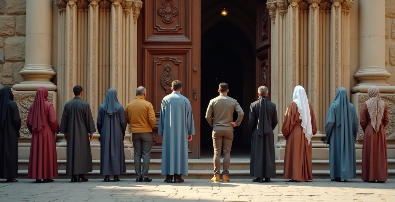 Besucher in angemessener Kleidung vor einer spanischen Kathedrale