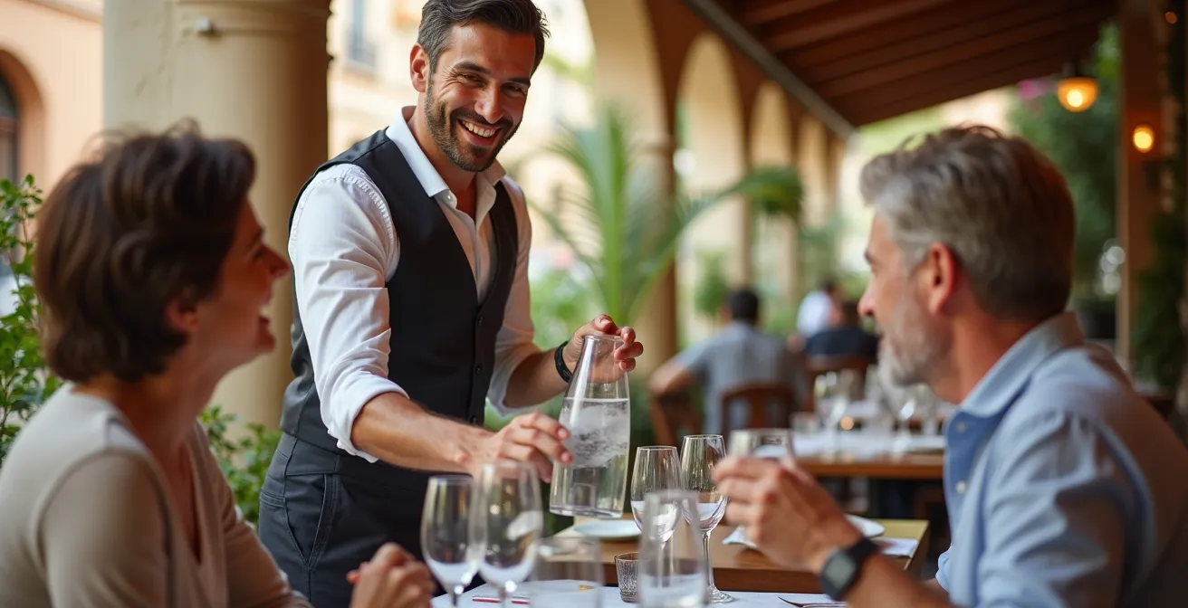 Glaskaraffe mit Leitungswasser auf einem Restauranttisch in Spanien