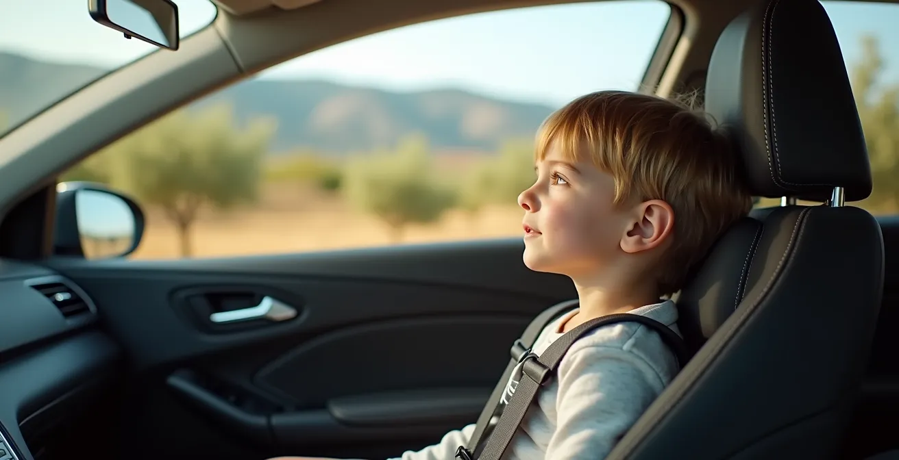 Kind schaut entspannt aus dem Autofenster während der Fahrt