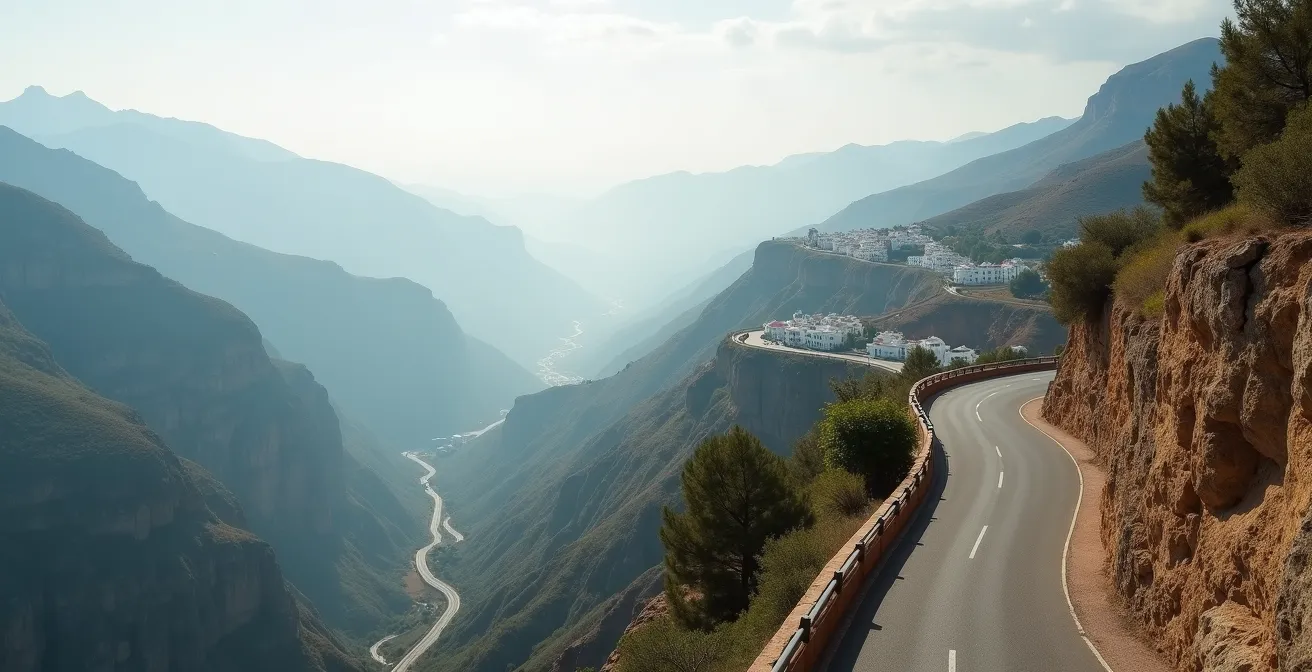 Panoramablick von Ronda über die andalusische Berglandschaft mit Serpentinenstrasse