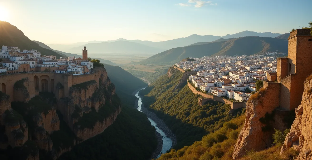 Panoramablick von der berühmten Brücke in Ronda auf die umliegende Landschaft mit weit entfernten weissen Dörfern in den Hügeln Andalusiens.