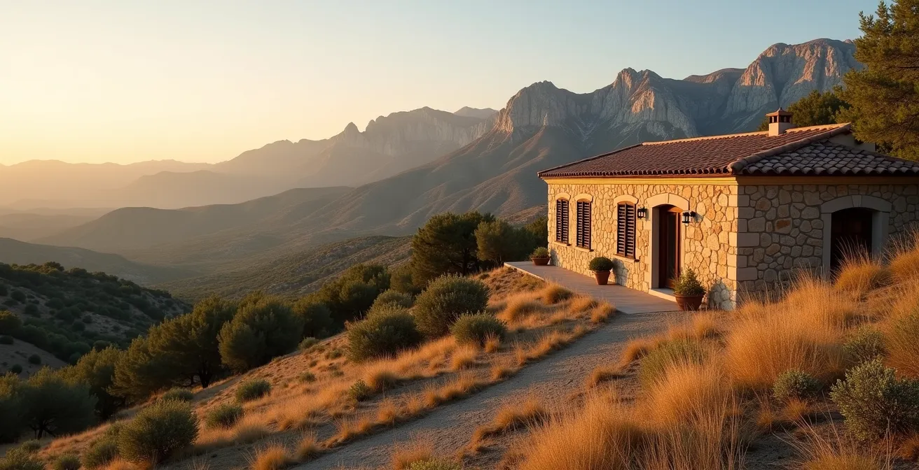 Weitwinkelaufnahme einer einsamen Finca in den Tramuntana-Bergen bei Sonnenuntergang