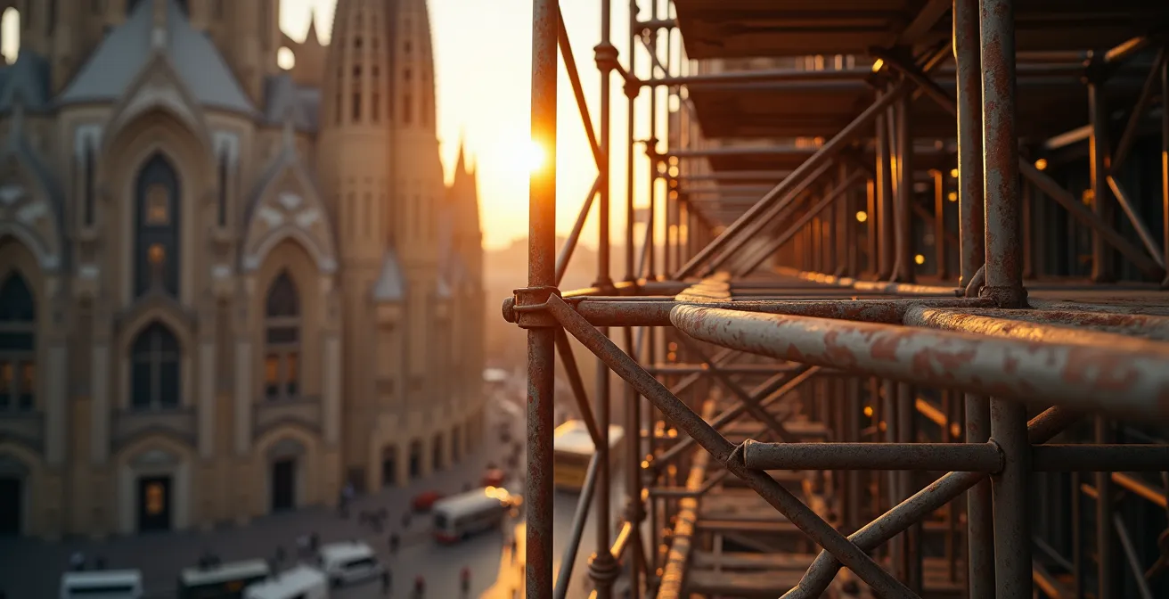 Nahaufnahme von Baugerüst-Strukturen mit interessanten geometrischen Mustern und Lichtspiel