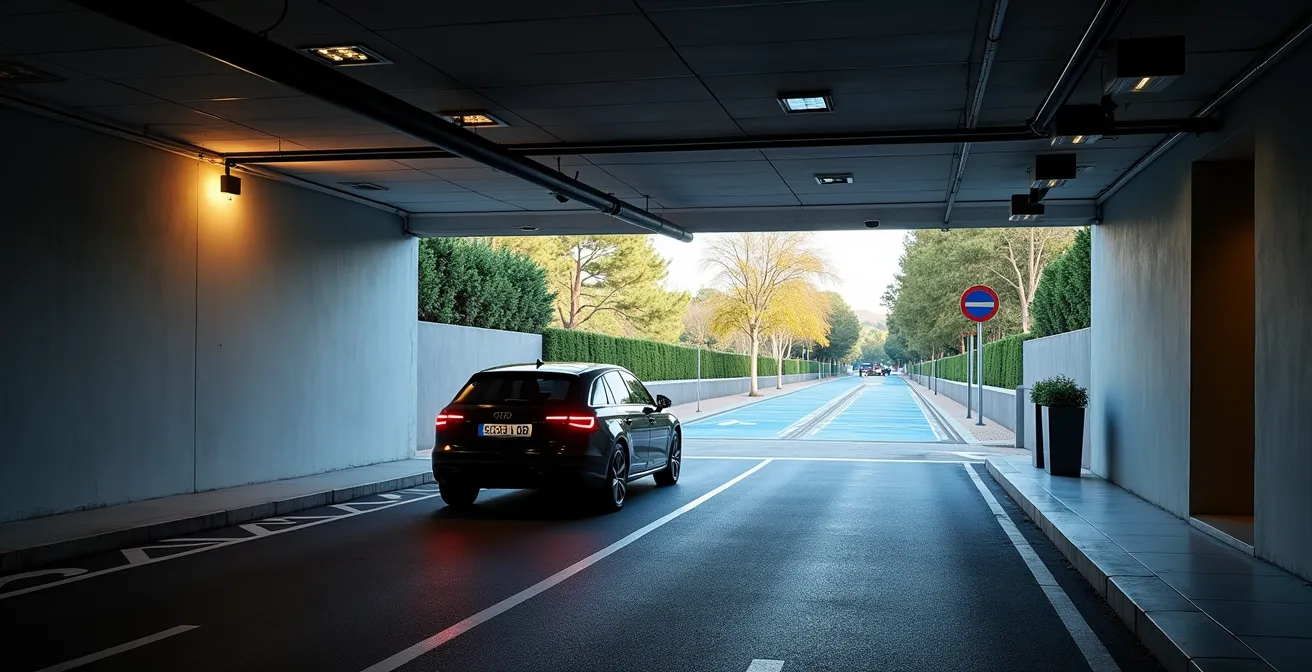 Modernes Parkhaus in Benidorm mit deutschem Auto und Sicherheitskameras