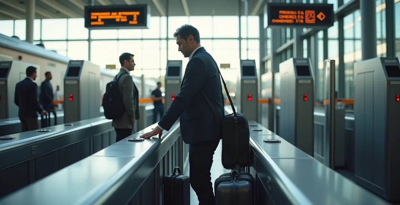 Reisende passieren eine Sicherheitskontrolle an einem spanischen Bahnhof