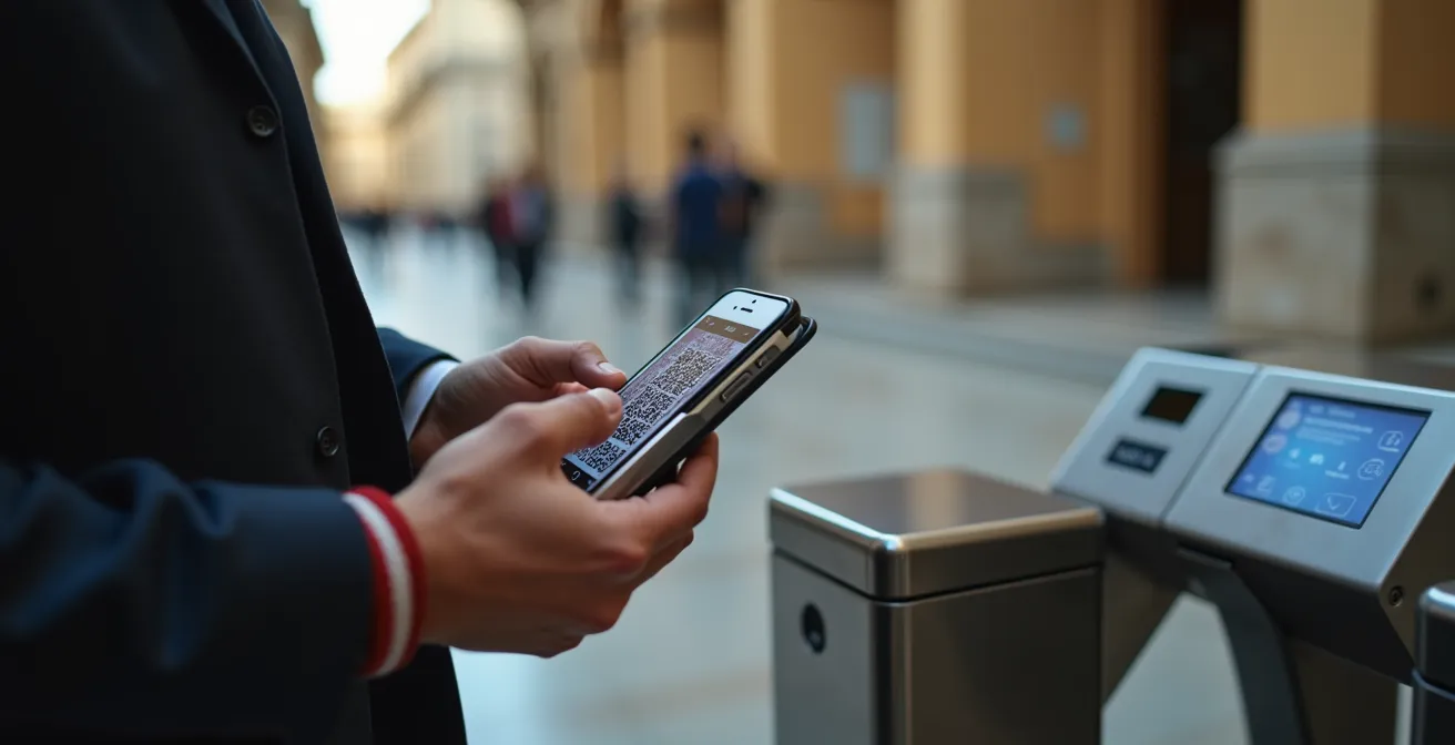 Hand hält Smartphone mit QR-Code beim Museumseingang in Spanien
