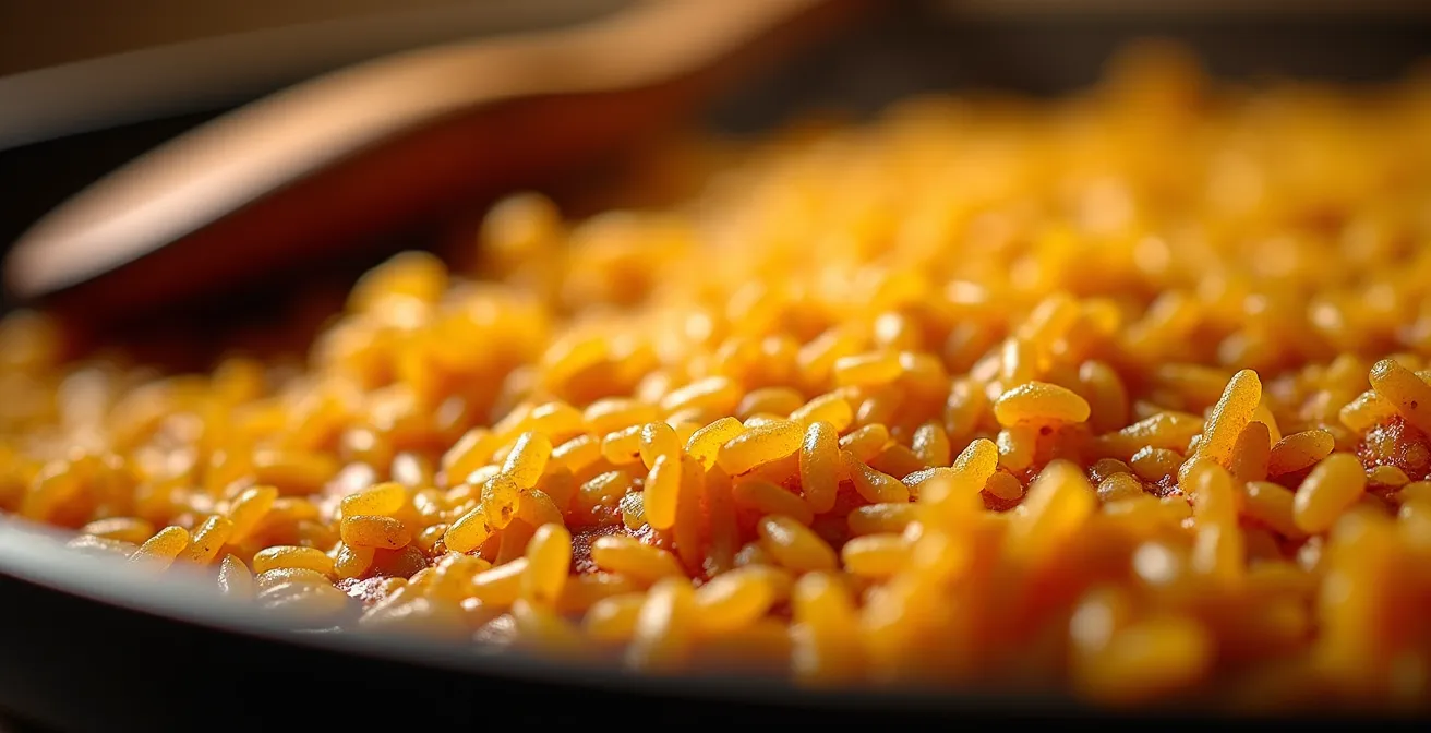 Nahaufnahme der knusprigen Socarrat-Kruste am Boden einer Paellapfanne