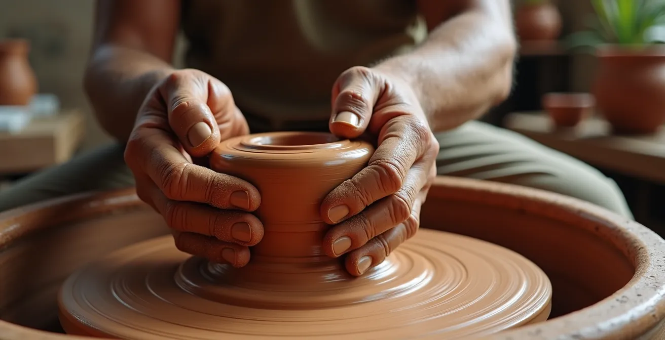 Traditionelle spanische Keramikwerkstatt mit Handwerker bei der Arbeit