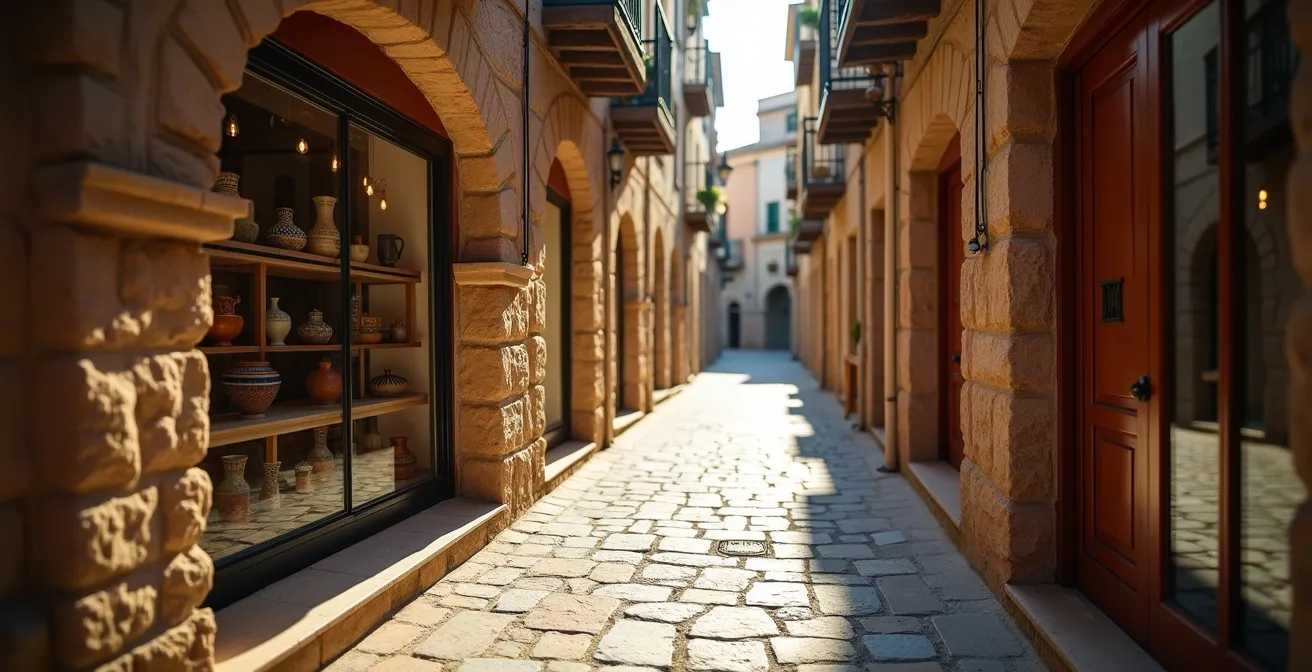 Leere Gasse in einer spanischen Altstadt am frühen Morgen, die geschlossenen Türen der Handwerksläden andeutend