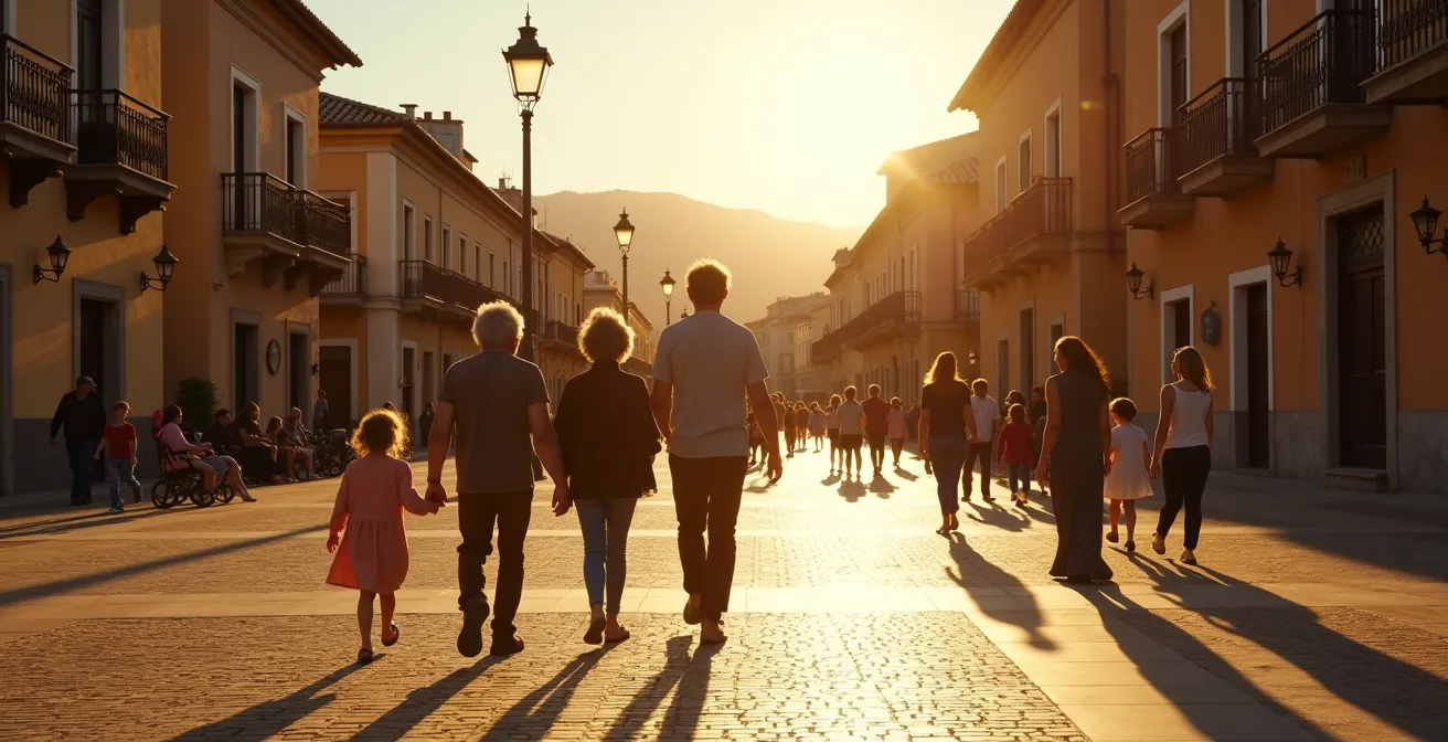Familien beim traditionellen Paseo auf einer spanischen Plaza bei goldenem Abendlicht