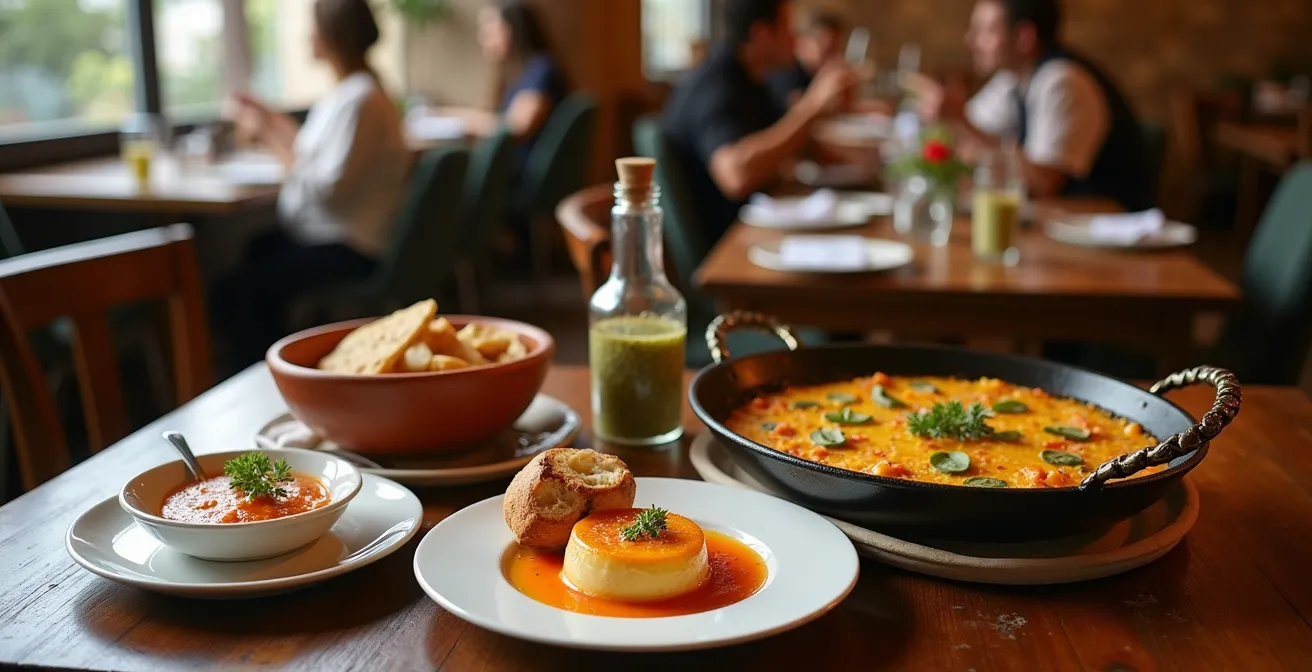 Traditionelles spanisches Menú del Día auf rustikalem Holztisch