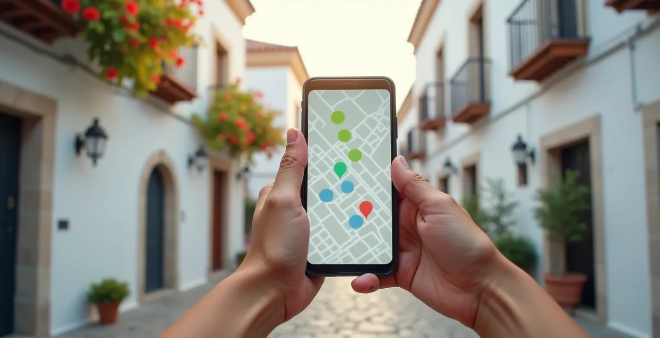 Eine Person hält ein Smartphone in der Hand, auf dem eine Taxi-App in einer engen, weiss getünchten Gasse eines spanischen Dorfes geöffnet ist.