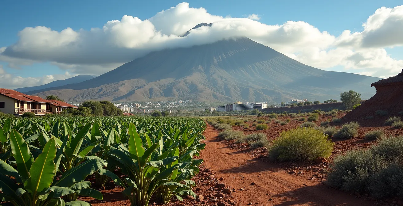 Geteilte Landschaft Teneriffas zeigt grünen Norden und trockenen Süden mit dem Teide in der Mitte