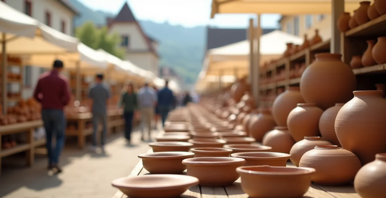 Töpfermarkt mit bunter Keramikauswahl und interessierten Besuchern